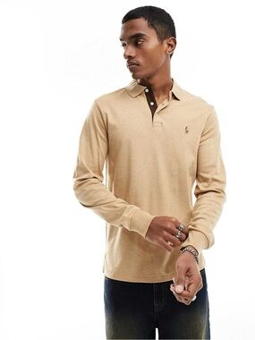 Ralph Lauren Long-Sleeve Polo in Tan Pima Cotton